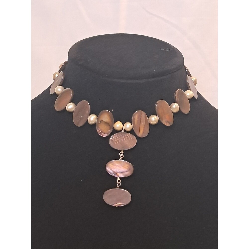 Peyote Bird Brown Oval Shell & Pearl Choker 2" Pendant Necklace 13-15.5" NWT